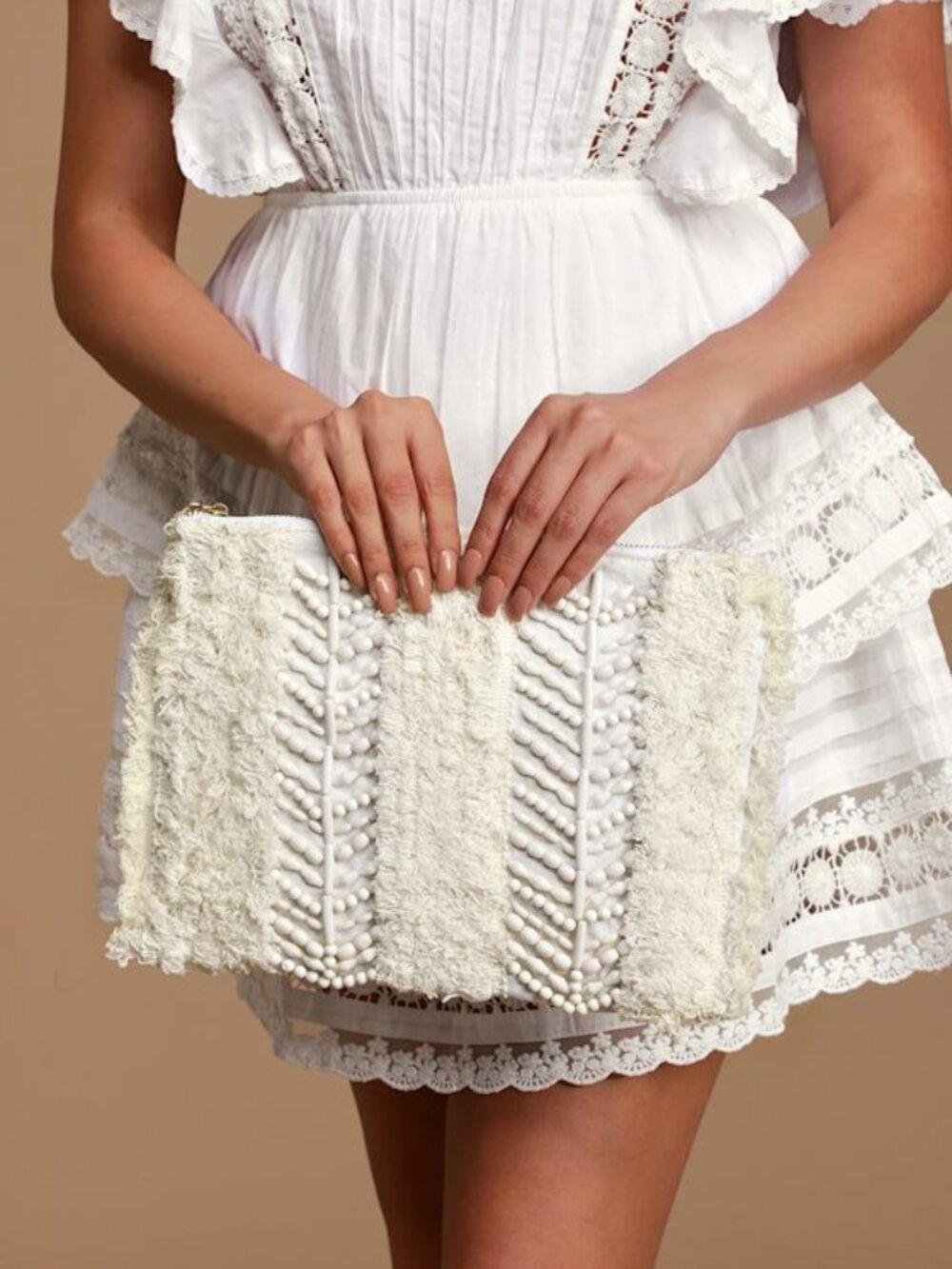 Lulus Sol Sister White Beaded Woven Fringe Clutch - Size One Size